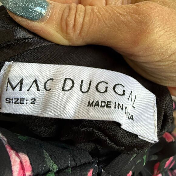 NWT Mac Duggal one-shoulder, high-low black gown with a red/pink floral print. - Picture 11 of 15